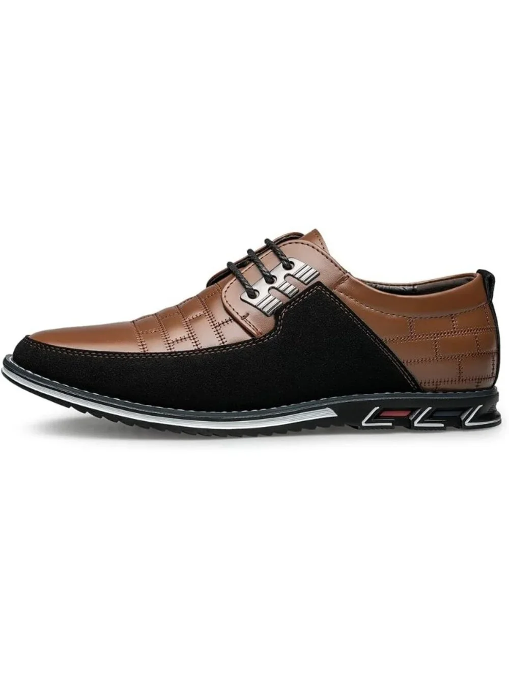 Men's Brown Plaid Embossed Grid Leather Comfortable Hybrid Oxford Dress Sneakers